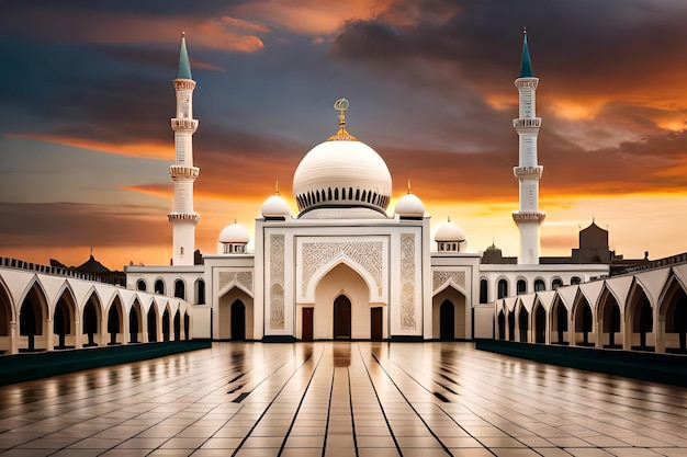 A mosque with a cloudy sky in the background