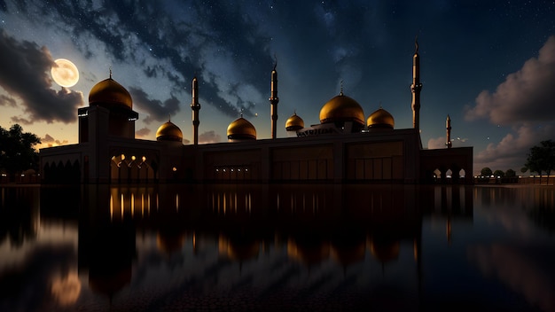 A mosque with a cloudy sky at night