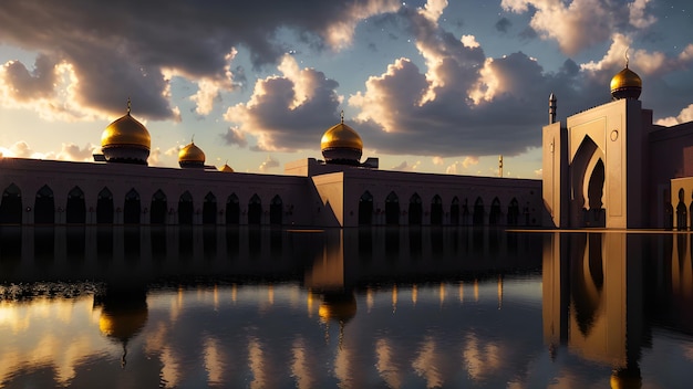 A mosque with a cloudy sky and the reflection of the sky