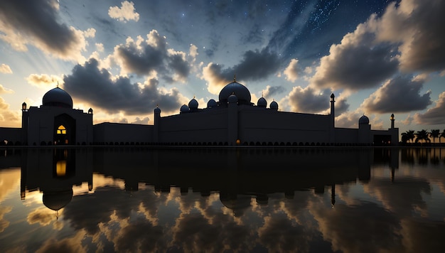 A mosque with a cloudy sky and the sun shining on it.
