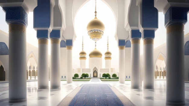 A mosque with columns and a blue carpet