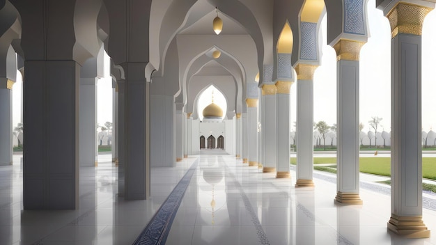 왼쪽에 기둥과 돔이 있는 모스크.