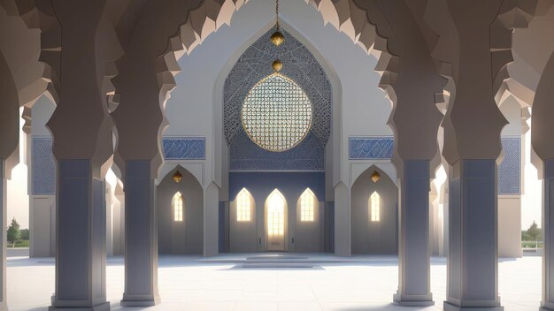 A mosque with columns and a large window