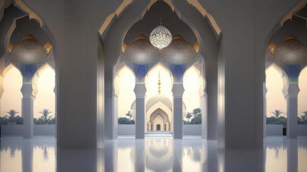 A mosque with columns and a light on the ceiling