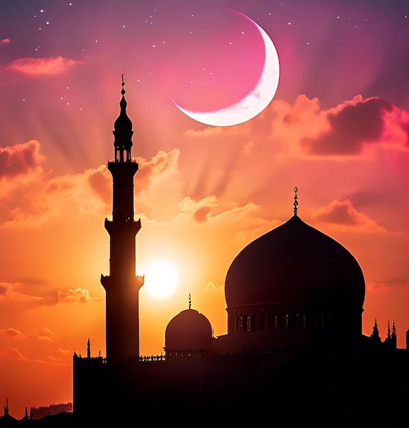 Foto una moschea con una luna crescente sullo sfondo e una luna crescente nello sfondo