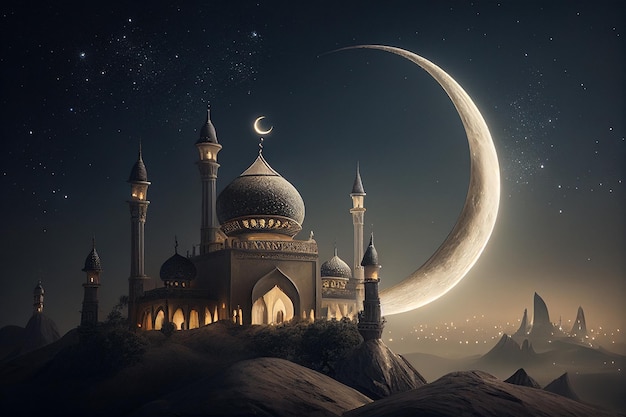 A mosque with a crescent moon in the background generative ai