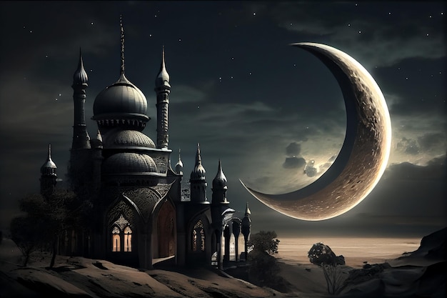 A mosque with a crescent moon in the background Islamic Background Generative AI