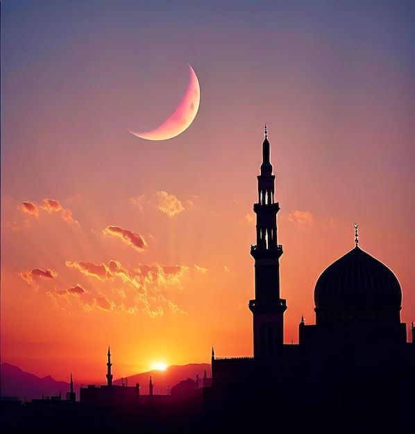 Foto una moschea con una luna crescente sullo sfondo e una moschea in primo piano