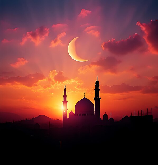 Foto una moschea con una luna crescente sullo sfondo e il sole dietro di essa