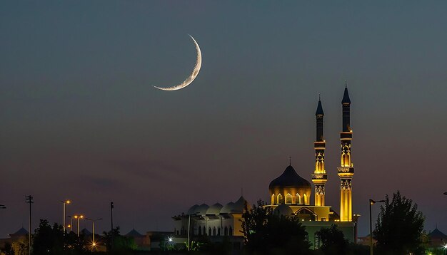 Foto una moschea con una mezzaluna sullo sfondo