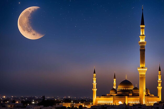 a mosque with a crescent moon in the background