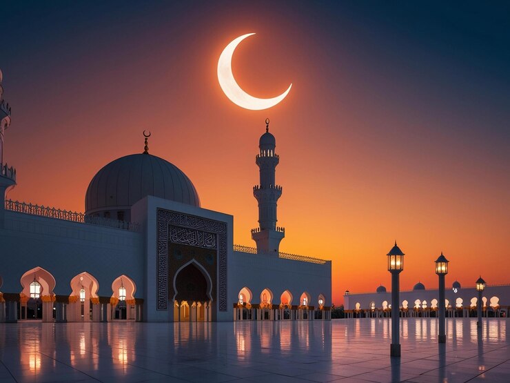 a mosque with a crescent moon in the background