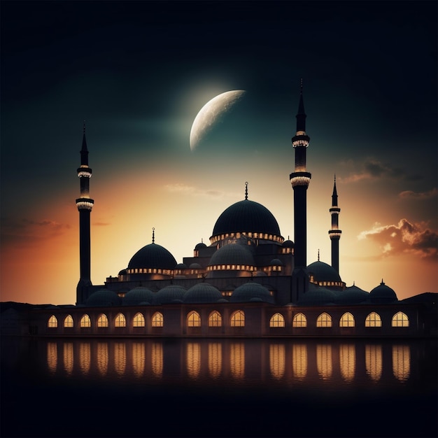 A Mosque with a Crescent Moon in the Background