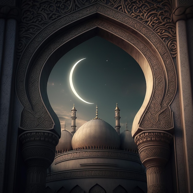 A mosque with a crescent moon in the background