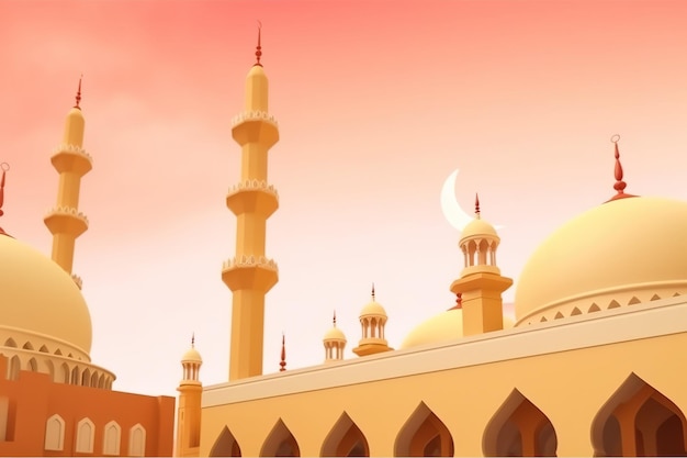 A mosque with a crescent moon in the sky