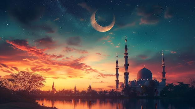 Photo a mosque with a crescent moon in the sky