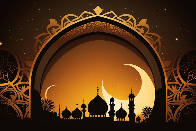 A mosque with a crescent moon and stars on the background