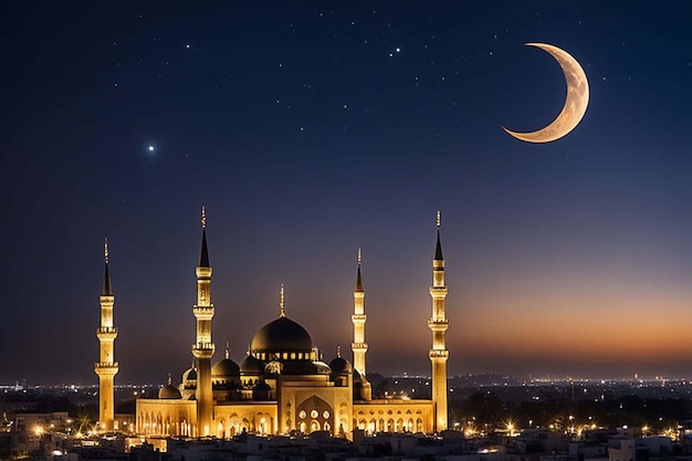 Photo a mosque with a crescent moon and stars in the sky