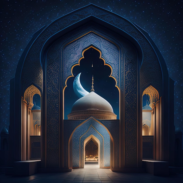 A mosque with a crescent moon on the top