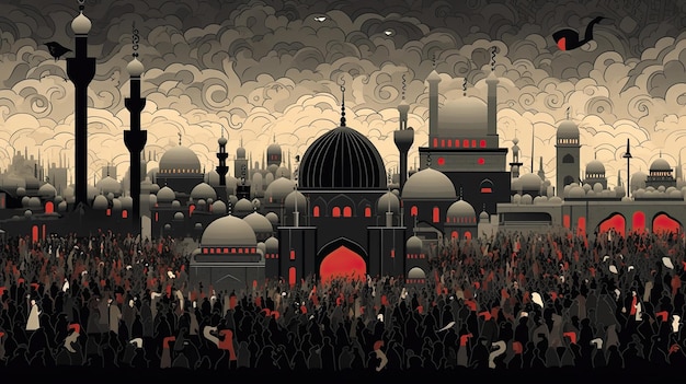 Mosque with crowd of people in front of it Vector illustration