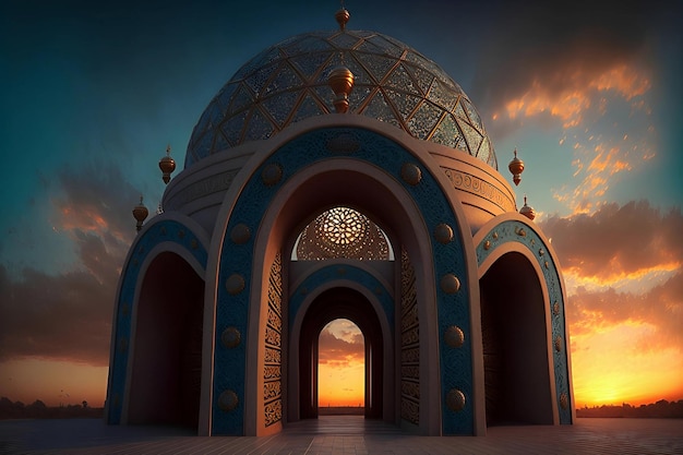 ドームと上部に金色のデザインが施されたモスク。