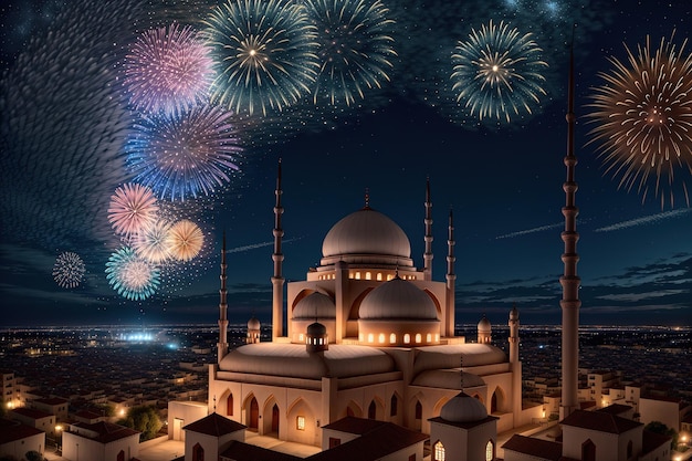 A mosque with fireworks in the sky