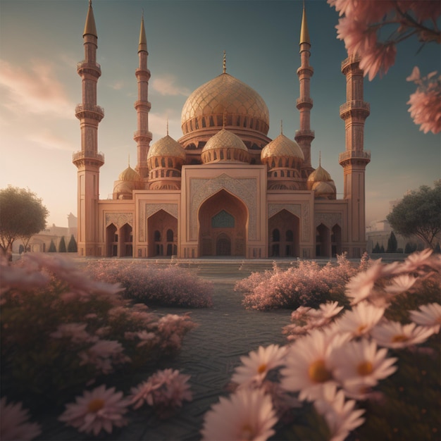 Photo mosque with flower graden