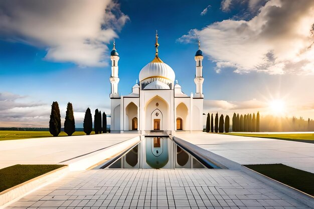 A mosque with a fountain in front of it