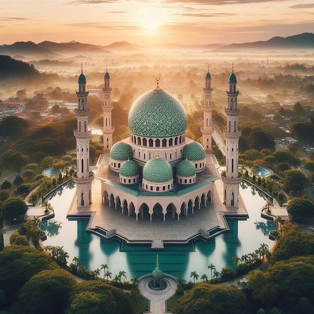 Photo a mosque with a fountain in the middle of it