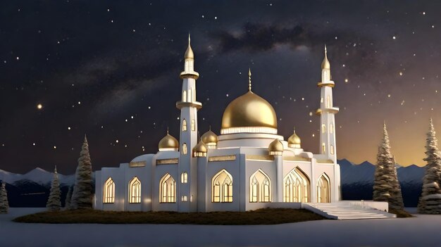 a mosque with a gold dome and a black background