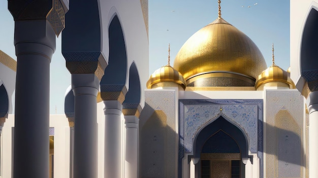 A mosque with a gold dome and a blue sky