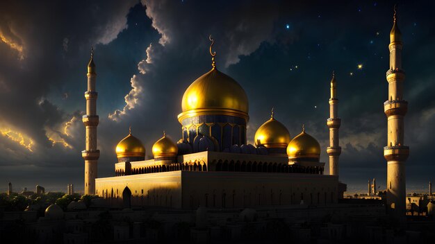 A mosque with gold domes and the starry sky