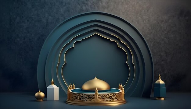 A mosque with a golden design and a blue background.