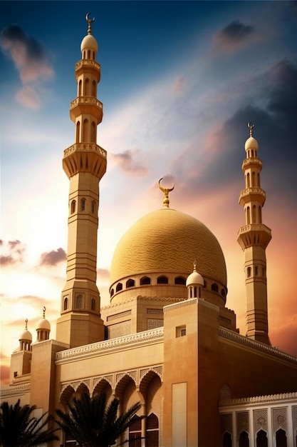 A mosque with a golden dome and a crescent moon in the sky