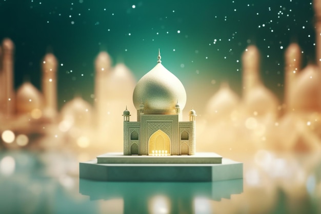 A mosque with a golden dome and the lights shining