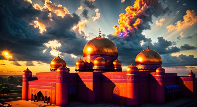 A mosque with a golden dome and the sky behind it