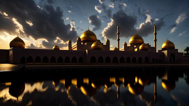 A mosque with golden domes and clouds