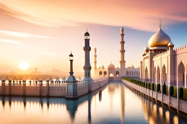 A mosque with a golden sky and the sun shining on it