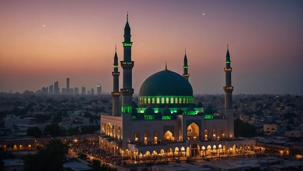 a mosque with a green dome and a blue dome with a city in the background