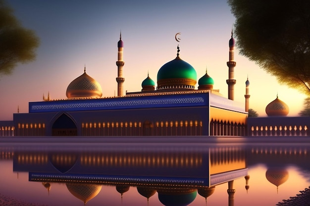 A mosque with a green dome and a crescent moon in the background