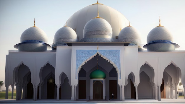 A mosque with a green dome and a green dome