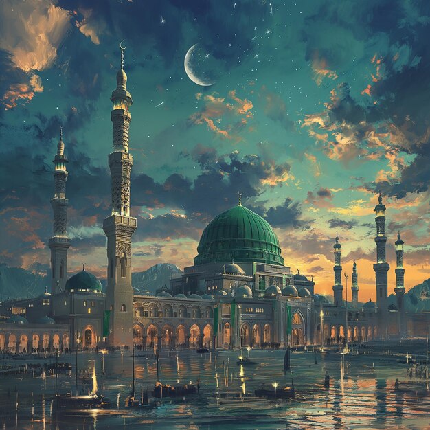 A mosque with a green dome and a moon in the background