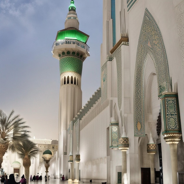 A mosque with a green and gold colored minaret.