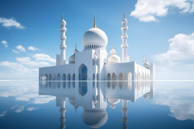 Mosque with its reflection in a nearby lake water