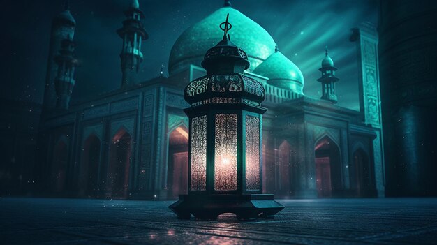 A mosque with a lantern in front of it