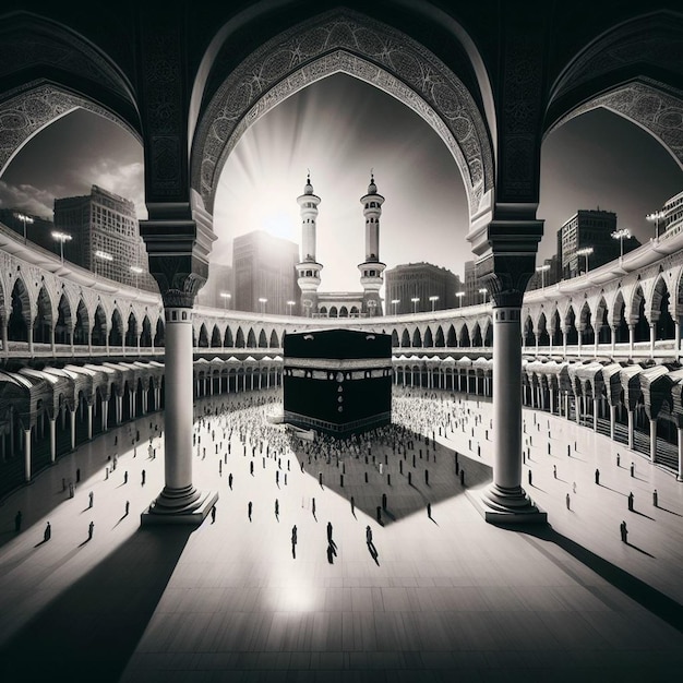 Photo a mosque with a large dome and a large black and white photo of a mosque