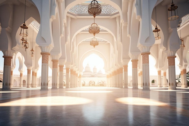 a mosque with a light on the ceiling