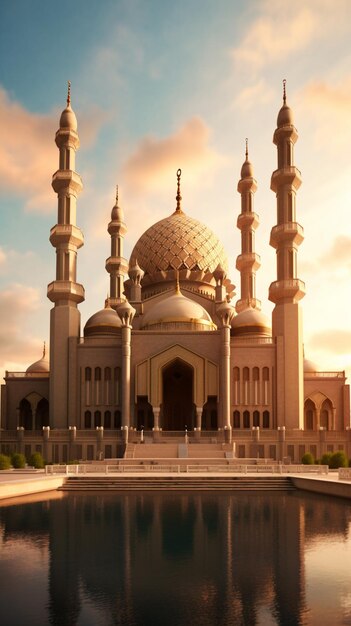 a mosque with a minaret in the foreground.