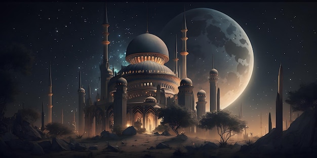 мечеть на фоне луны
