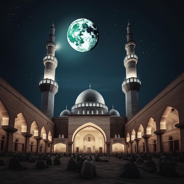 A Mosque with a Moon in the Background